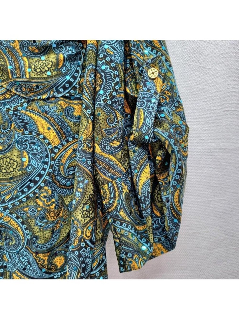 Cathy Womens XL Paisley Tunic Top Blue Teal Gold Boho Roll Tab Sleeve Blouse - Picture 4 of 8